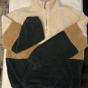 Colorblock Sherpa Quarter-Zip Pullover - Cream, Tan & Dark Green